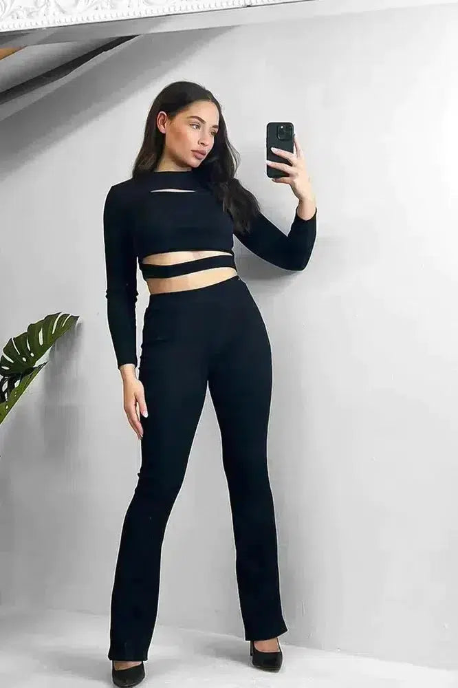 Ribbed Jersey Cut Out Details Crop Top And Trousers Set