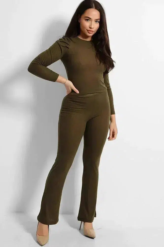 Ribbed Jersey Puff Sleeves Top And Trousers Set