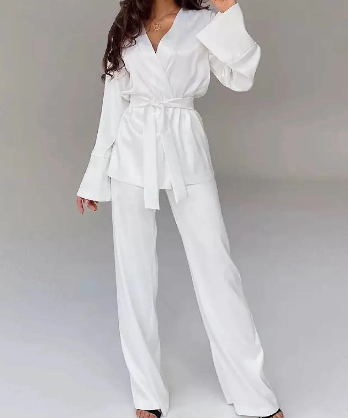 Satin Robe and Trousers Loungewear Set In Black