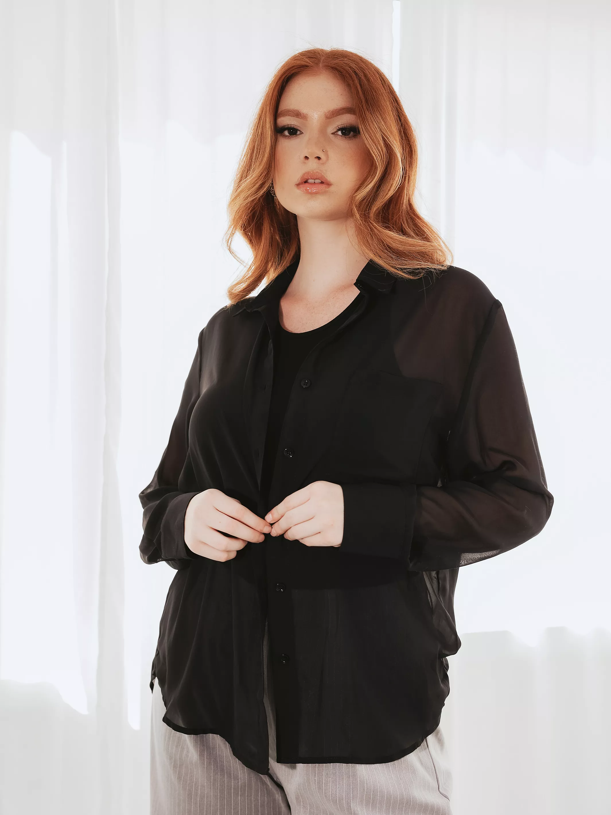 Sheer Long Sleeve Button Up