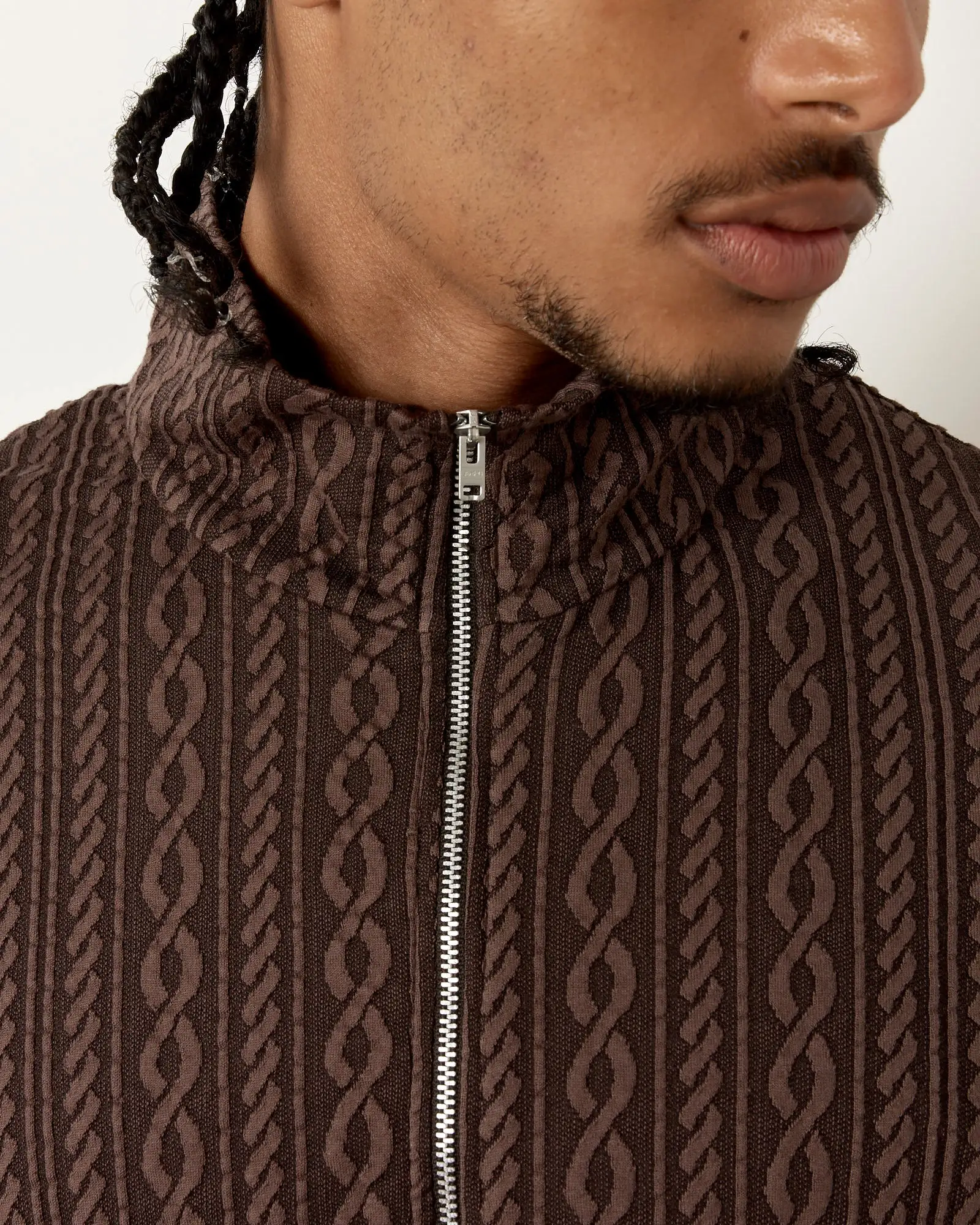 Shrunken Full Zip Polo in Indulgent Choco Cable Jacquard