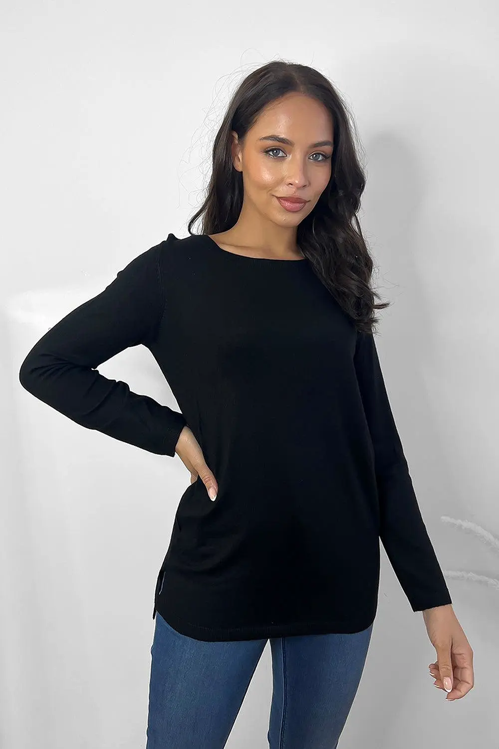 Thin Knit Asymmetric Hem Round Neck Pullover