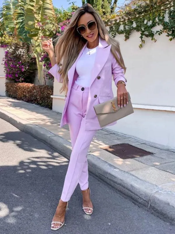 Two Piece Suits Lavender Solid Color Outerwear Sets Classic Blazer Jacket Slim Fit Pants Spring Fall Outfit For Women