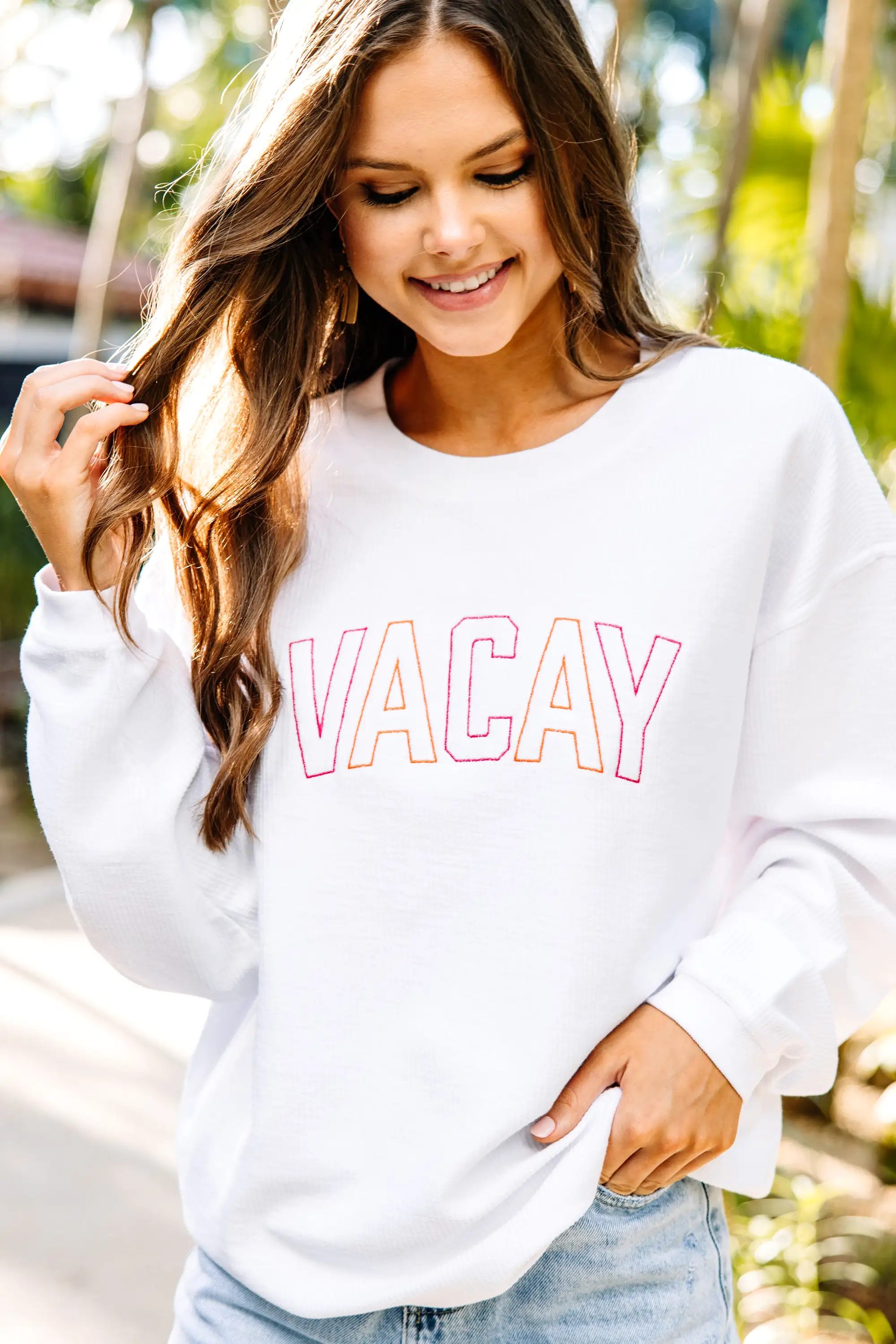 Vacay White Corded Embroidered Sweatshirt