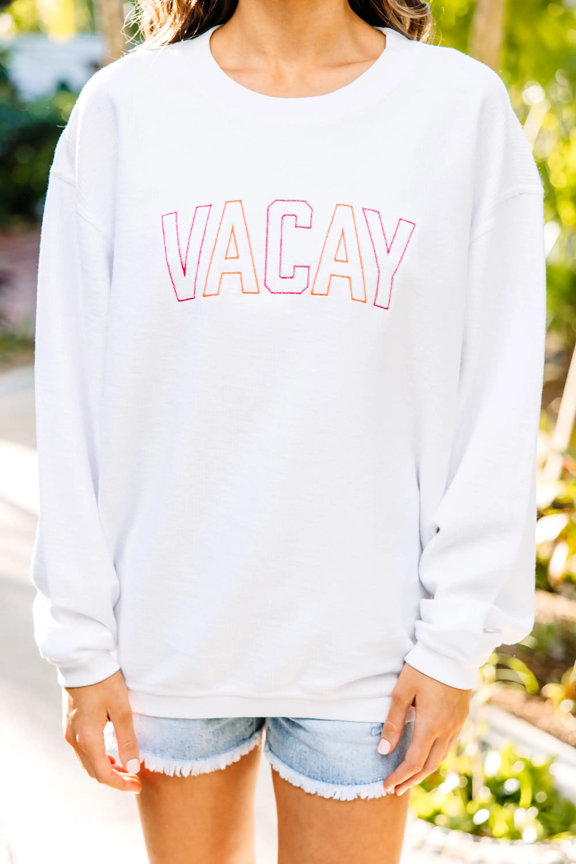 Vacay White Corded Embroidered Sweatshirt