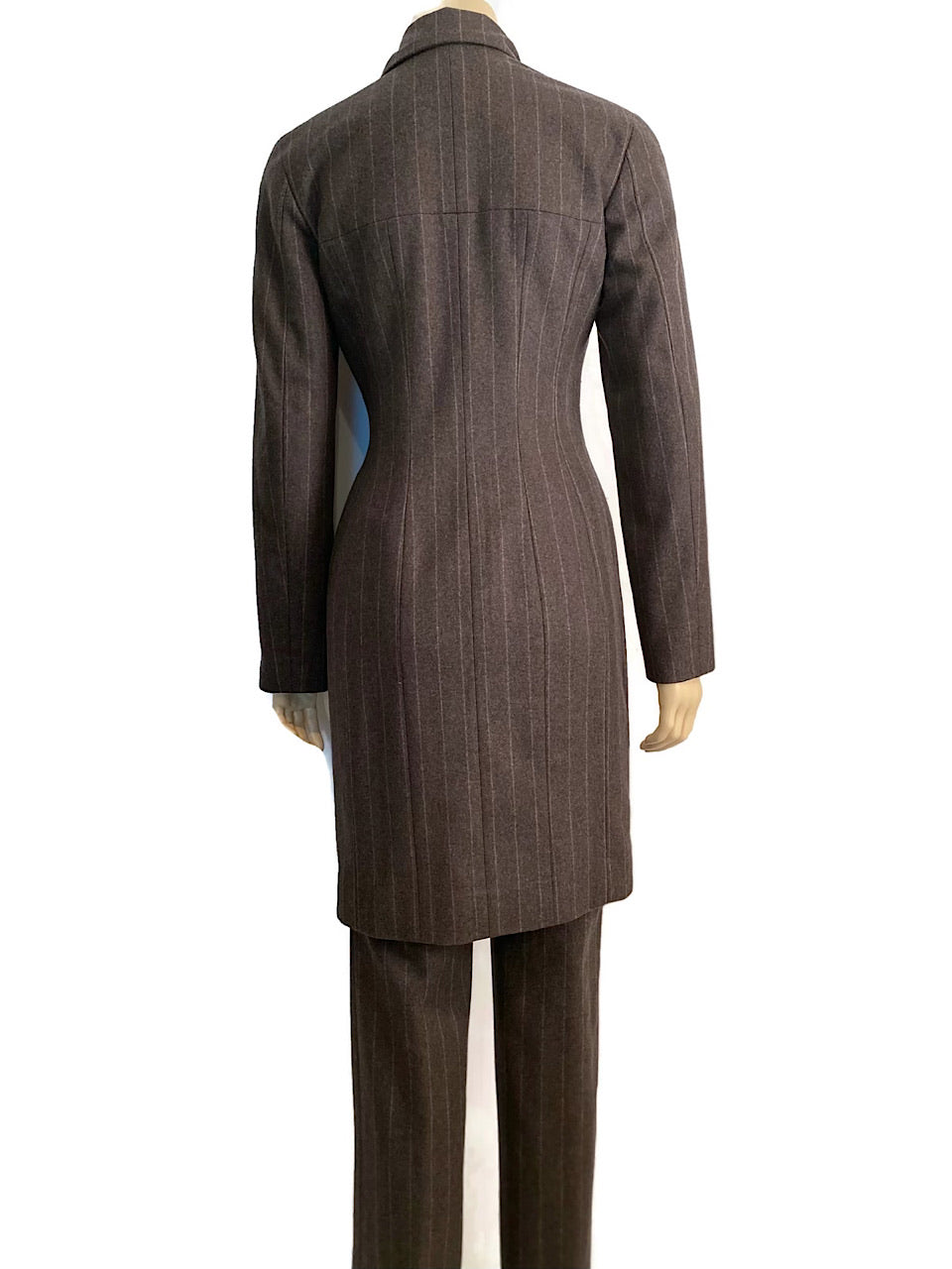 Vintage Chanel Identification 99A, 1999 Fall Gray Brown Pinstripe Pant Suit Set FR 34 US 2