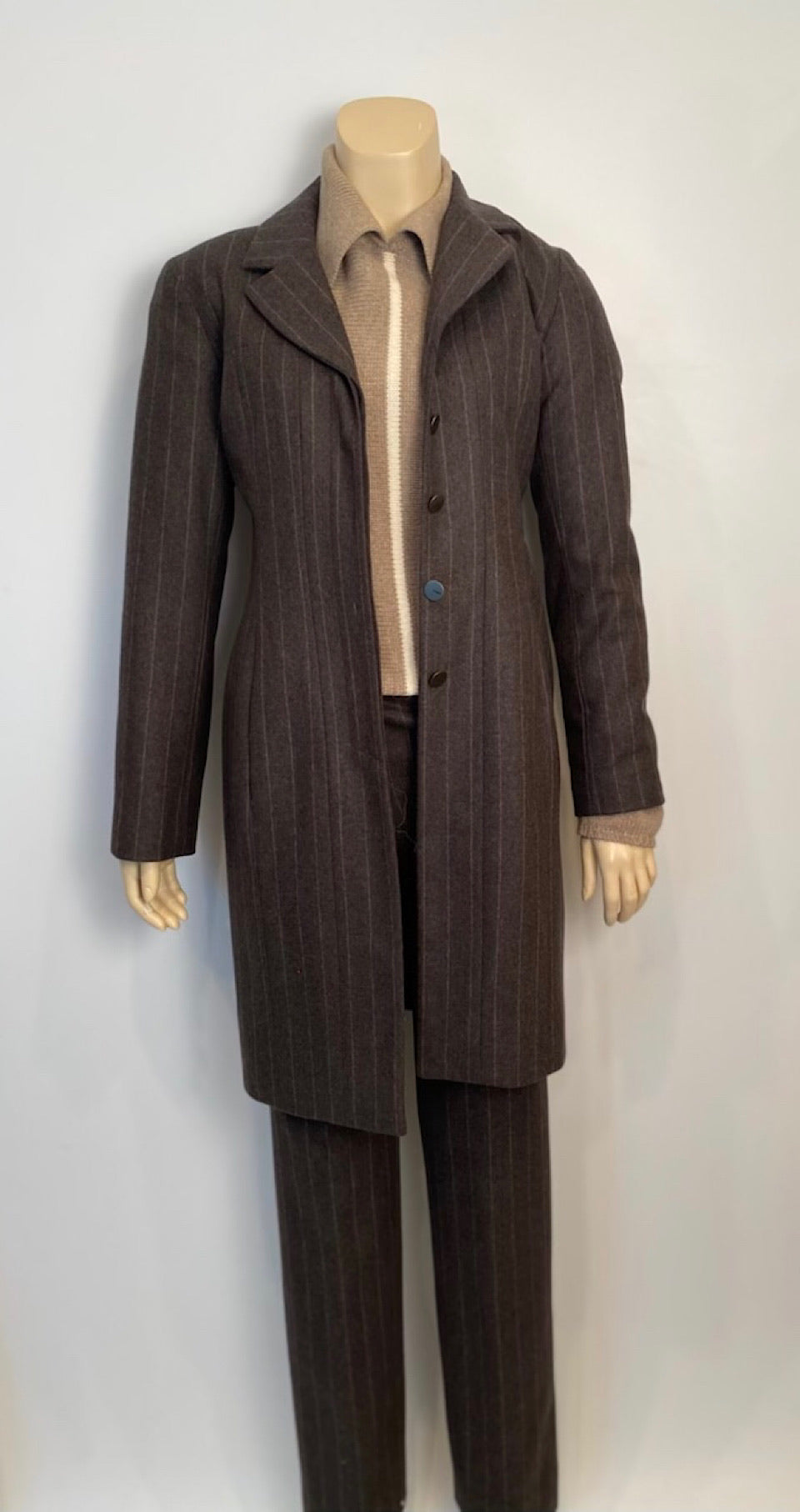 Vintage Chanel Identification 99A, 1999 Fall Gray Brown Pinstripe Pant Suit Set FR 34 US 2