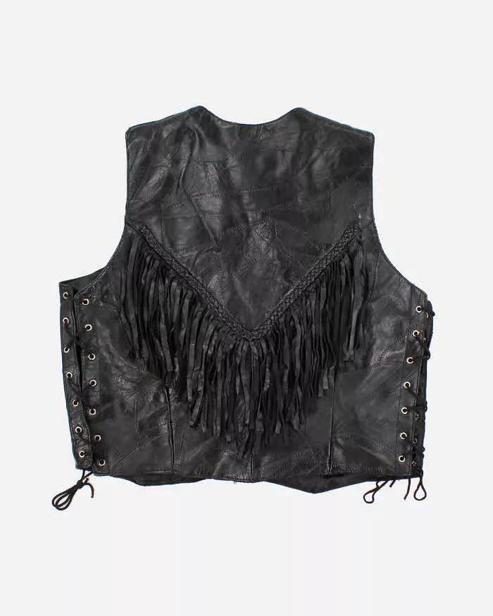 Vintage Leather Patchwork Fringed Vest - XL