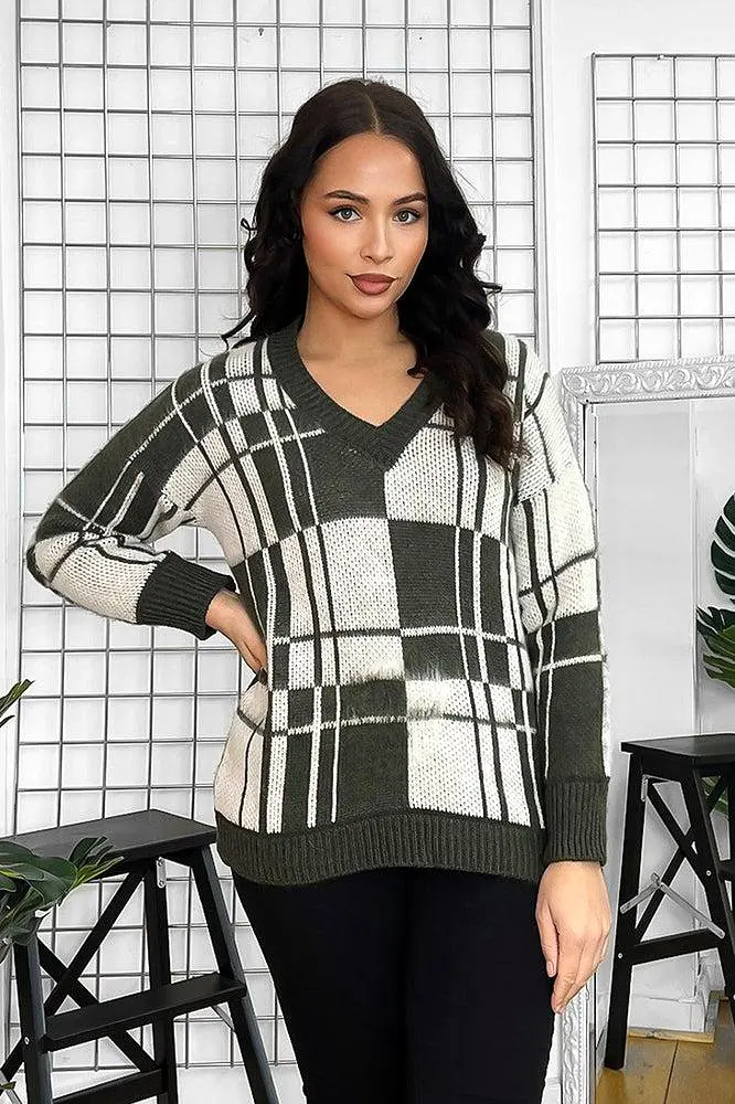 Window Plane Check Knitted V-Neck Pullover