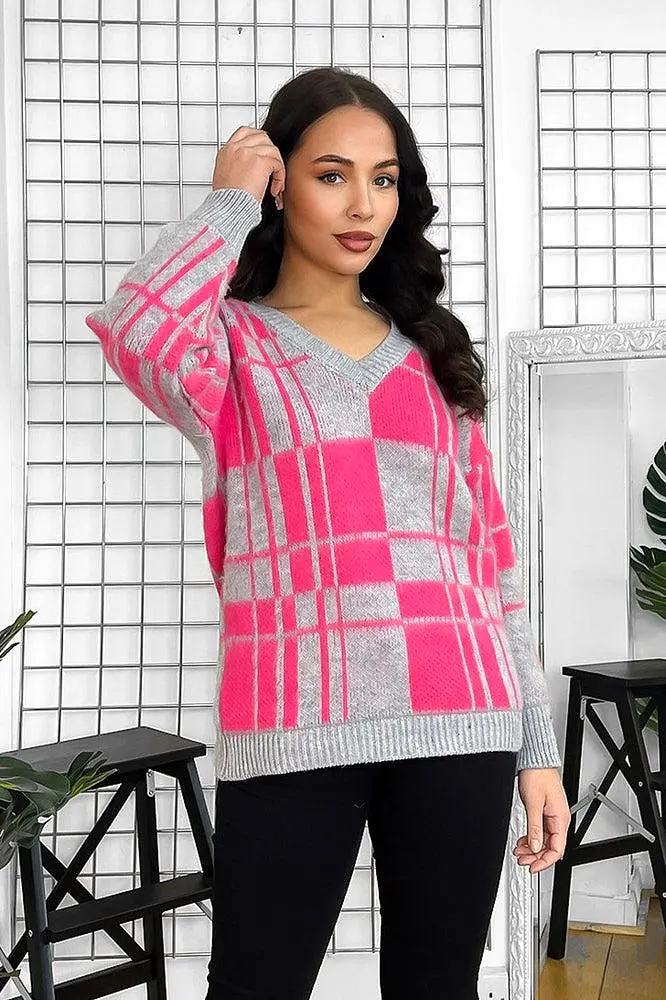 Window Plane Check Knitted V-Neck Pullover