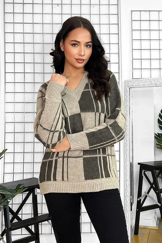 Window Plane Check Knitted V-Neck Pullover