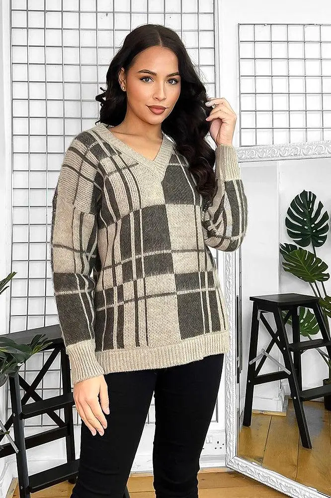 Window Plane Check Knitted V-Neck Pullover