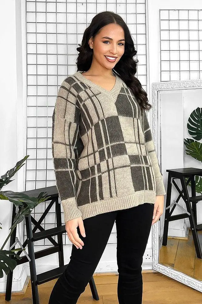 Window Plane Check Knitted V-Neck Pullover